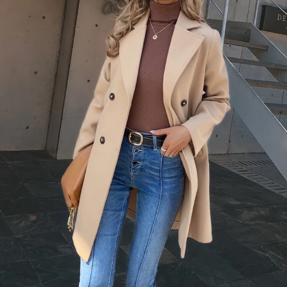 Jackets & Blazers - Double breasted pea coat long camel tan minimalist long line